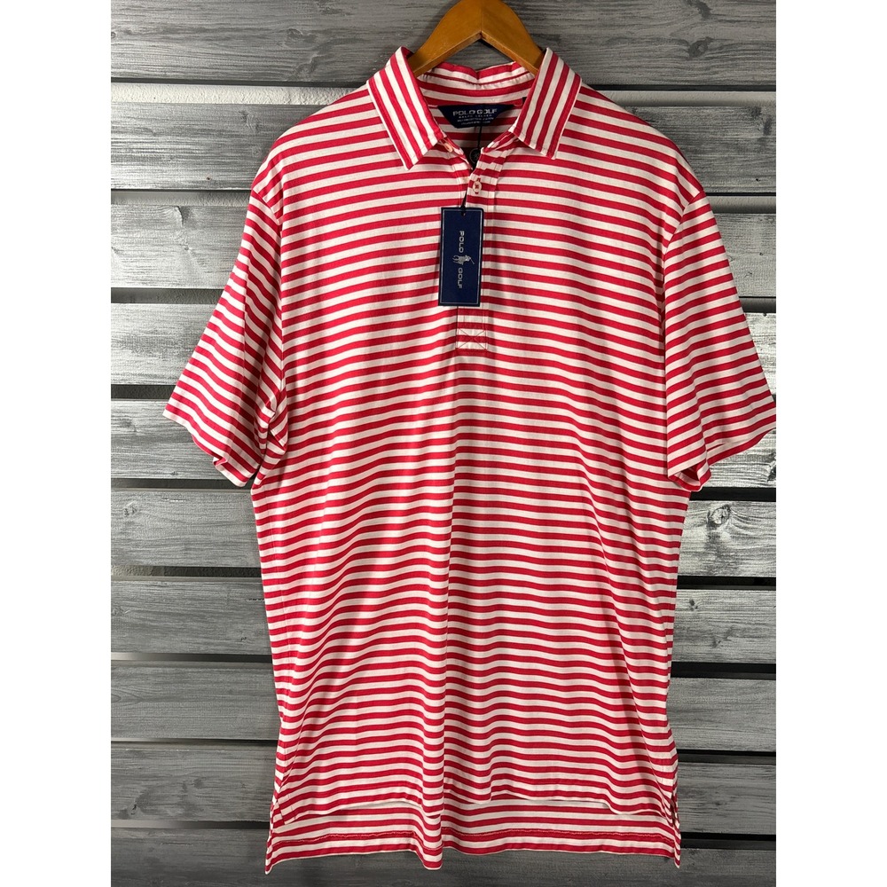 Polo Golf Ralph Lauren Mens L Red White Striped Pima Cotton Polo Shirt NWT $85